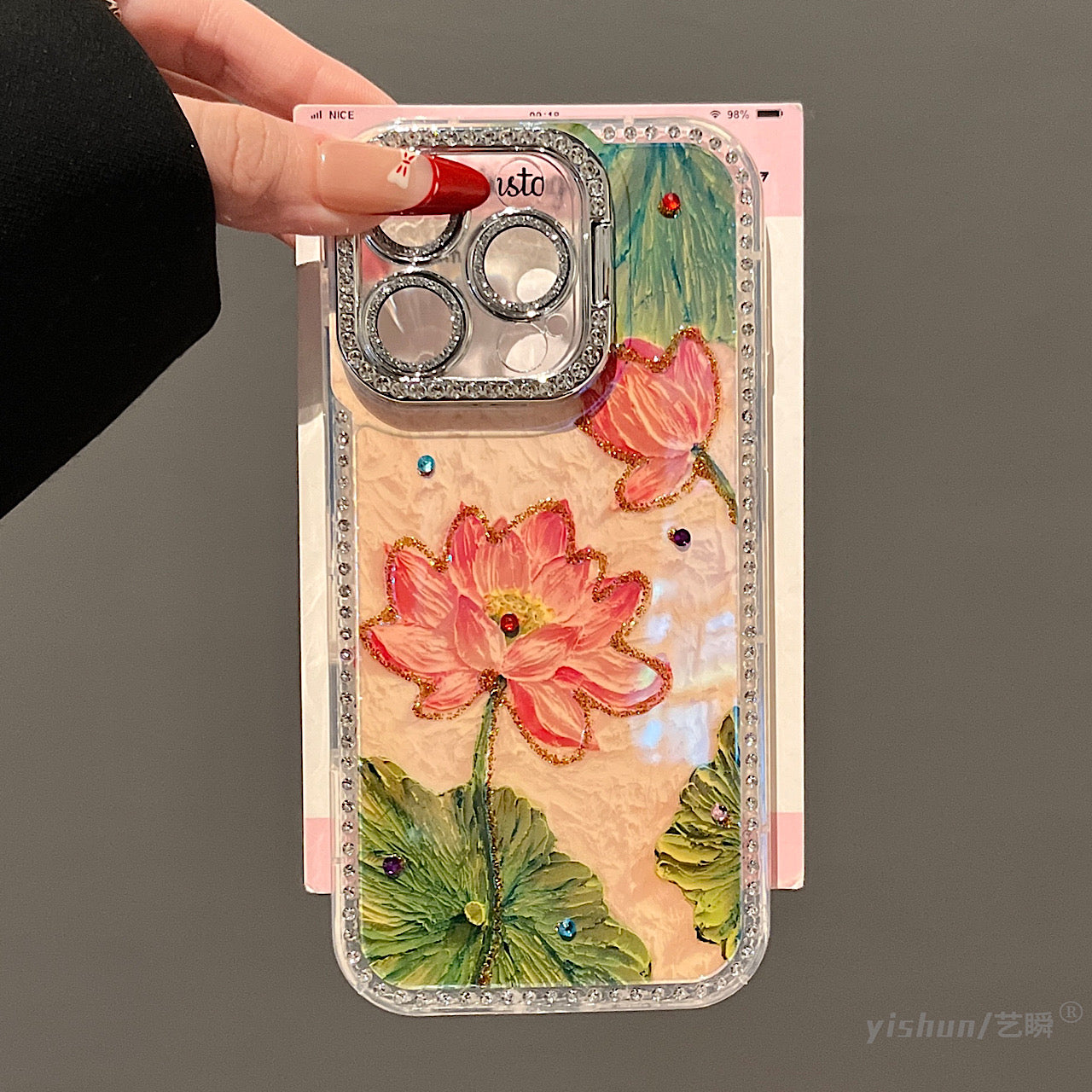 iPhoneケース おしゃれ 蓮の花 キラキラ ジュエル付き スマホケース
